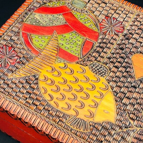 Poland Folk Art Hand Carved Wooden Box Vintage Pyrography Decorative Dresser Box - Picture 2 of 14